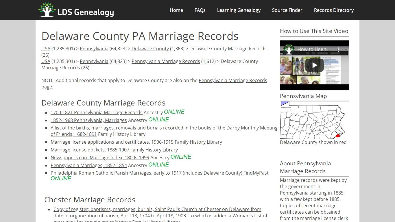 Delaware County PA Marriage Records - LDS Genealogy